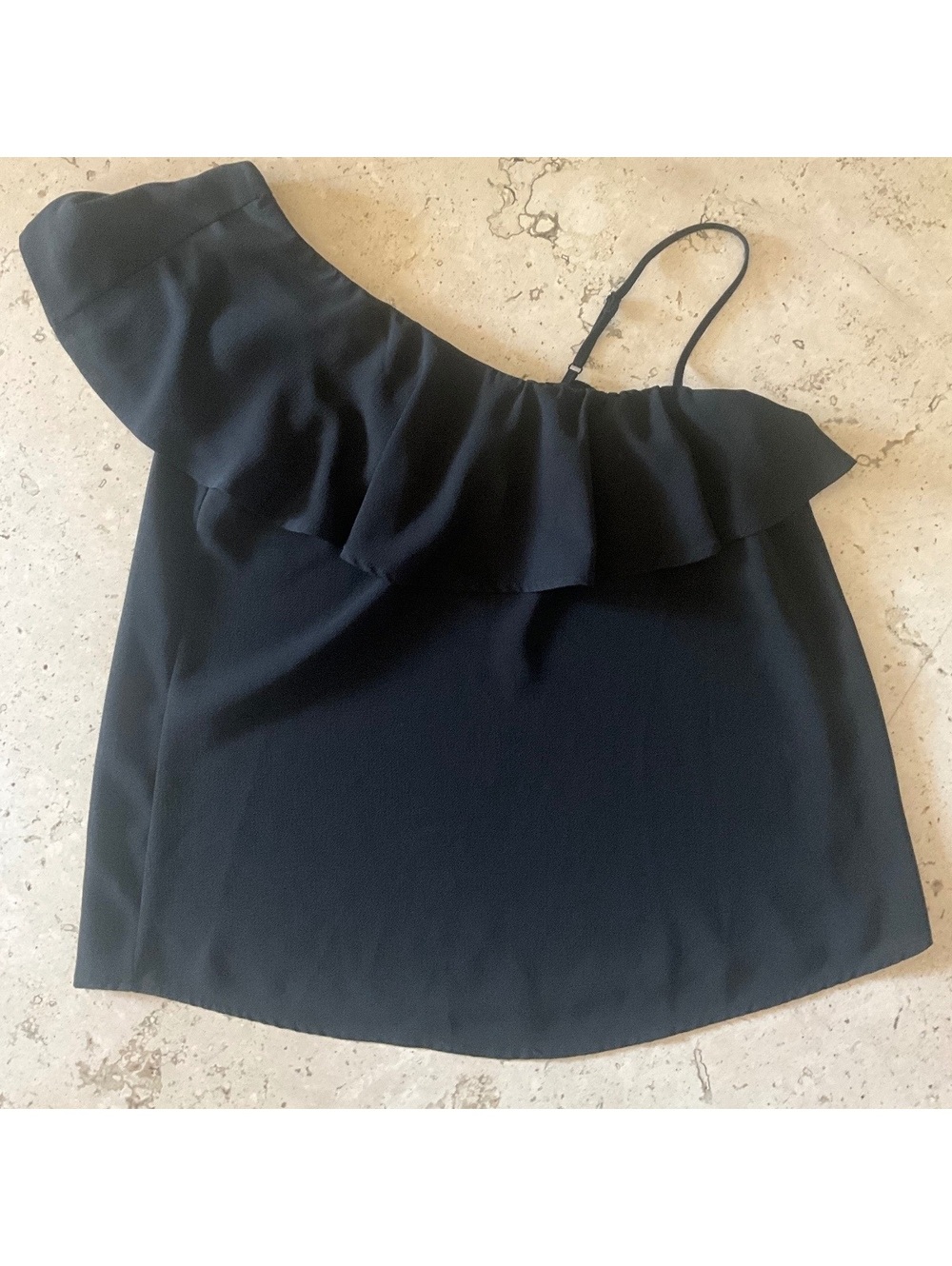 One Shoulder Ruffle Black Crepe Top